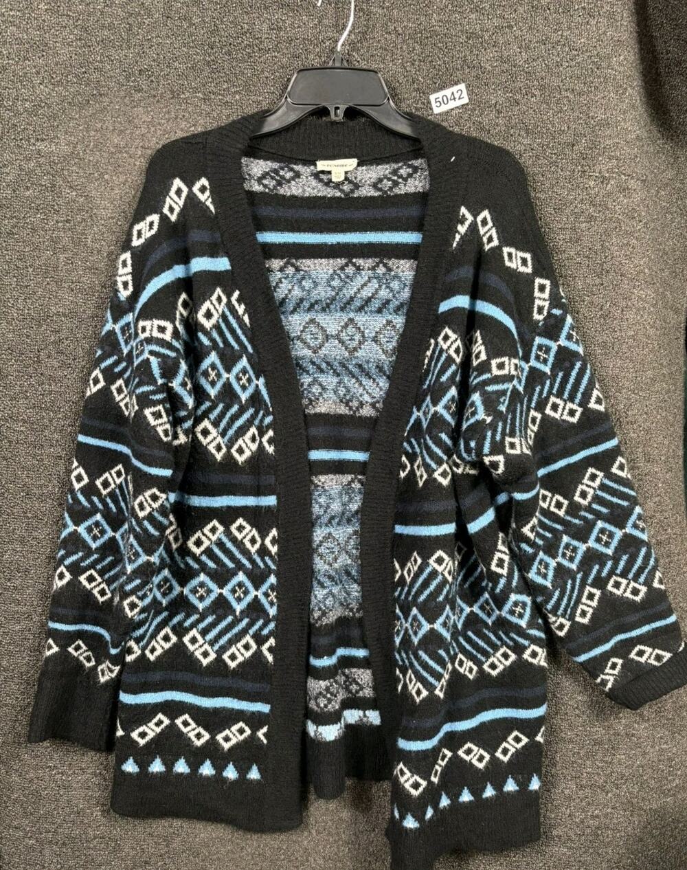 Ee:some Open Front Cardigan Sweater Womens Sz S/M Black Fair Isle Print Knitted